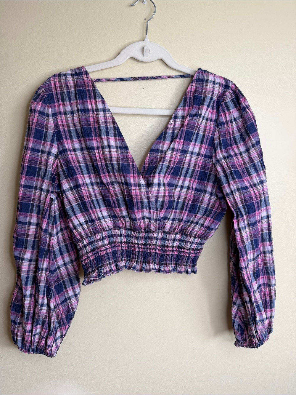 Zara Women’s S Pink Blue Plaid Smocked Crop Top Long Sleeve Cottagecore